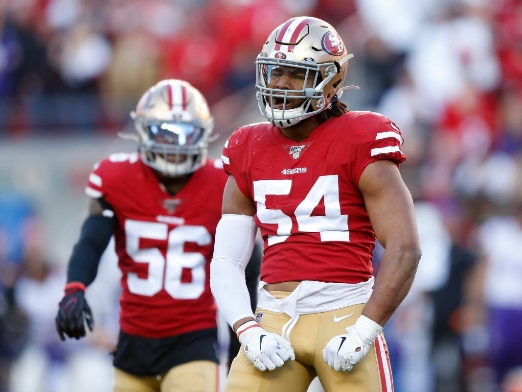 Fred Warner #54 of the San Francisco 49ers (right) is one of 15 California natives set to take the field in Super Bowl LIV.