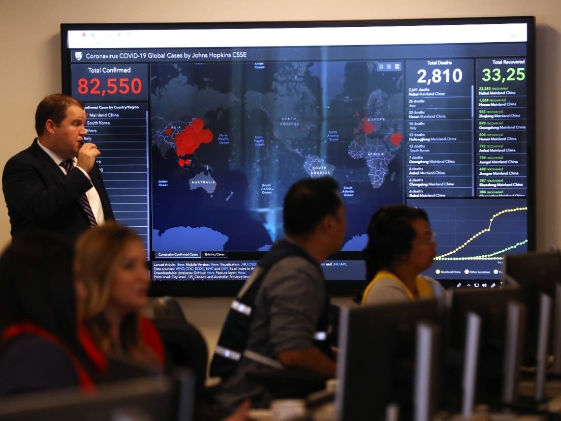 A video monitor inside the Medical Health and Coordination Center at the California Department of Public Health shows the number of Coronavirus COVID-19 cases around the world on February 27, 2020 in Sacramento, California. 