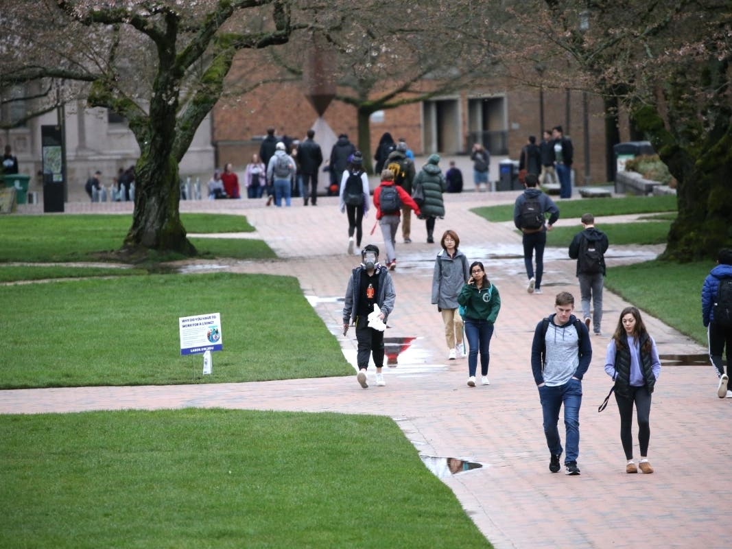 Students at the University of Washington on campus for the last day of in-person classes on March 6, 2020 in Seattle, Washington.