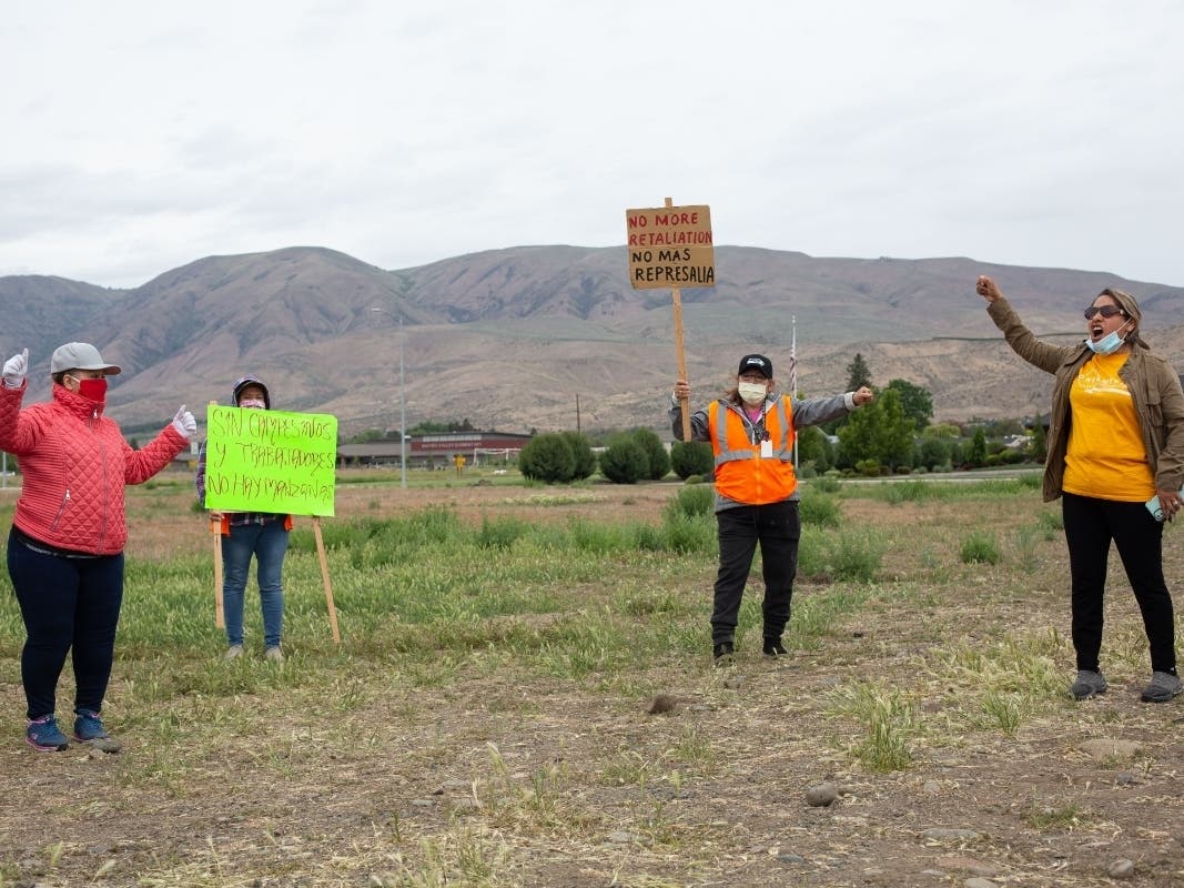 Mary Lopez (R), an organizer with OneAmerica, leads a chant as workers strike outside Allan Brothers Fruit on May 16 in Naches, WA. Workers from at least 6 fruit packing facilities in Yakima County are striking to protest working conditions.