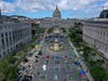 An aerial view of San Francisco's first temporary sanctioned tent encampment for the homeless on May 18, 2020 in San Francisco, California.