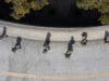 A drone aerial view shows California National Guard troops gathered at the Los Angeles Convention Center after being activated by California Governor Gavin Newsom following violent demonstrations in response to George Floyd’s death on May 31, 2020 in Los 