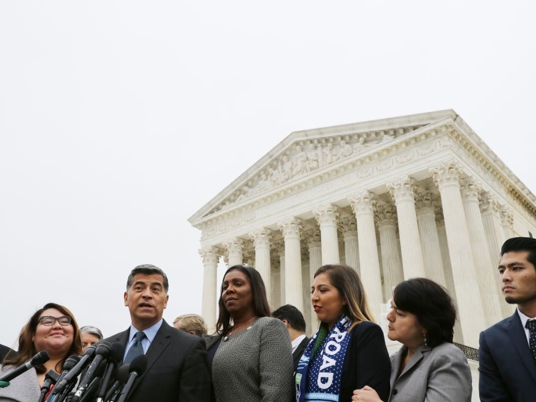 California Attorney General Xavier Becerra (3rd L) and New York State Attorney General Letitia James (4th L) join plaintiffs in a separate suit concerning the DACA program outside the Supreme Court building, November 12, 2019.