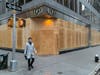 Building owners board up what was once a UGG store located at 600 Madison.ave on October 30, 2020 in New York City.