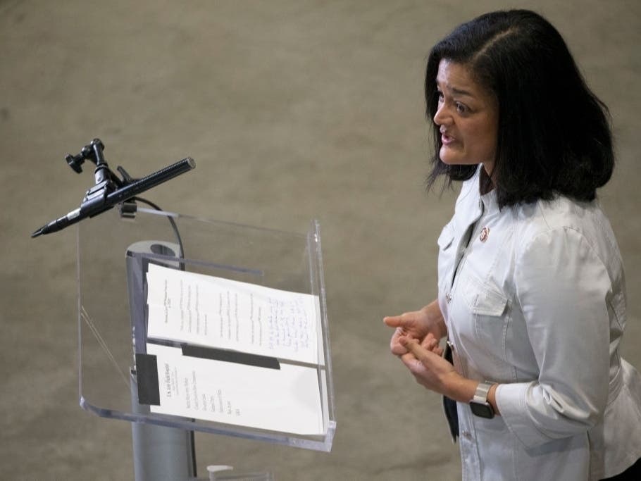U.S. Congresswoman Pramila Jayapal speaks to the press on March 28, 2020 in Seattle, Washington.