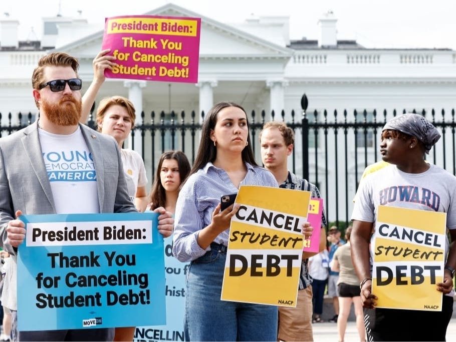 Student loan borrowers stage a rally in front of The White House to celebrate President Biden canceling student debt and to begin the fight to cancel any remaining debt on August 25, 2022, in Washington, DC.