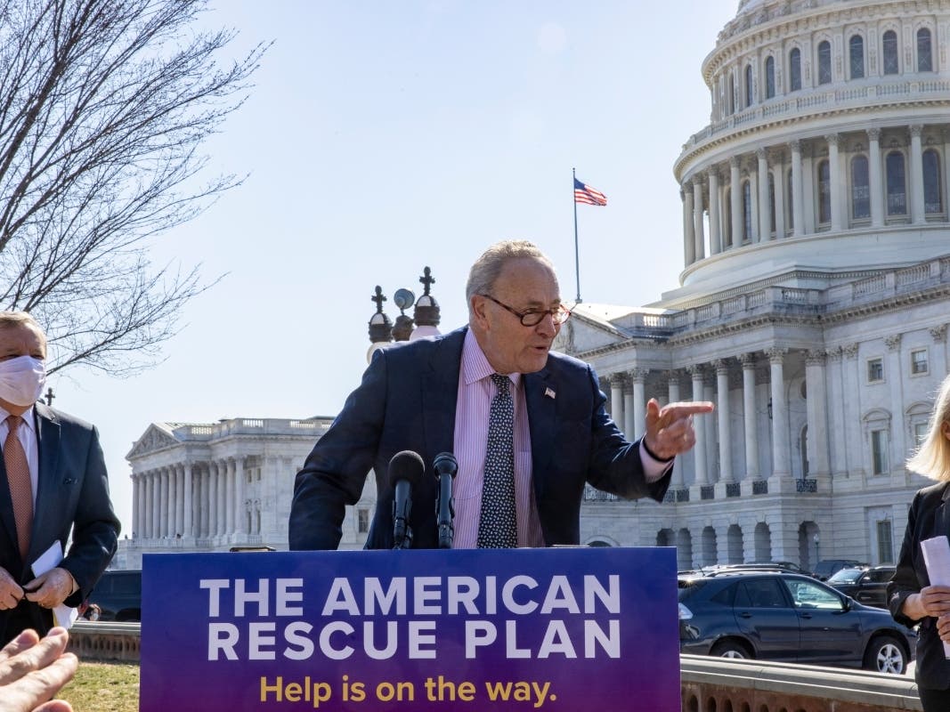 U.S. Senate Majority Leader Sen. Chuck Schumer (D-NY) speaks at a press conference at the US Capitol on March 10, 2021 in Washington, D.C. — the same day that the American Rescue Plan Act of 2021 was placed on President Joe Biden's desk for signature. 
