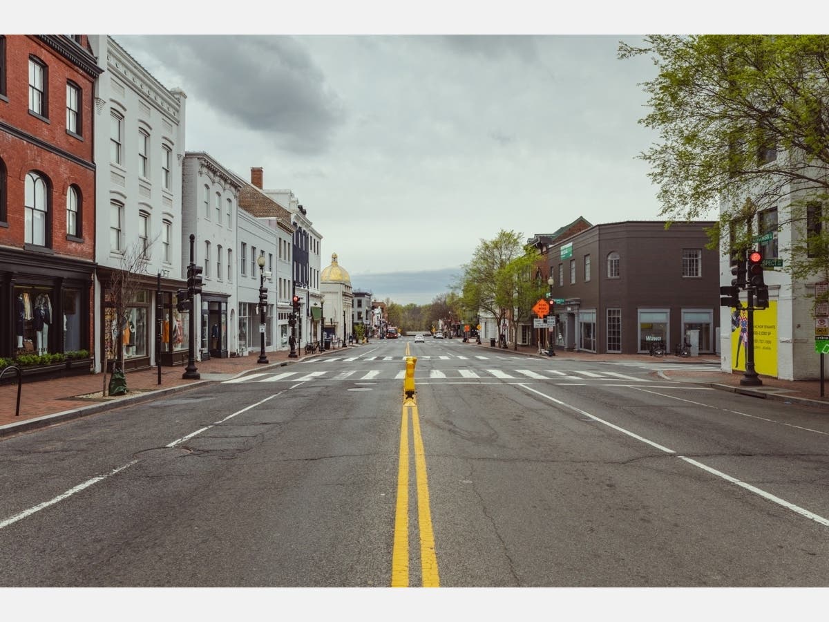 M Street in Georgetown is empty, as people are staying home due to the coronavirus.