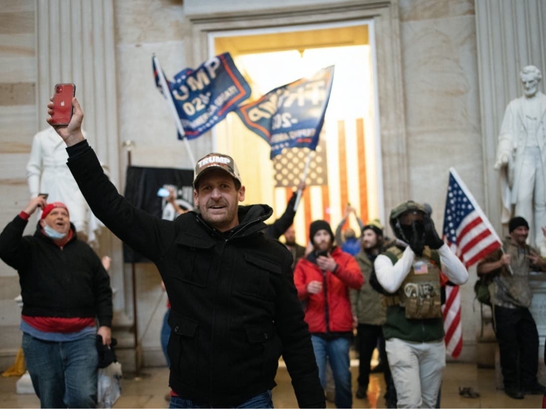 A pro-Trump mob enters the Roturnda of the U.S. Capitol Building on Wednesday in Washington, DC. Congress held a joint session today to ratify President-elect Joe Biden's 306-232 Electoral College win over President Donald Trump.