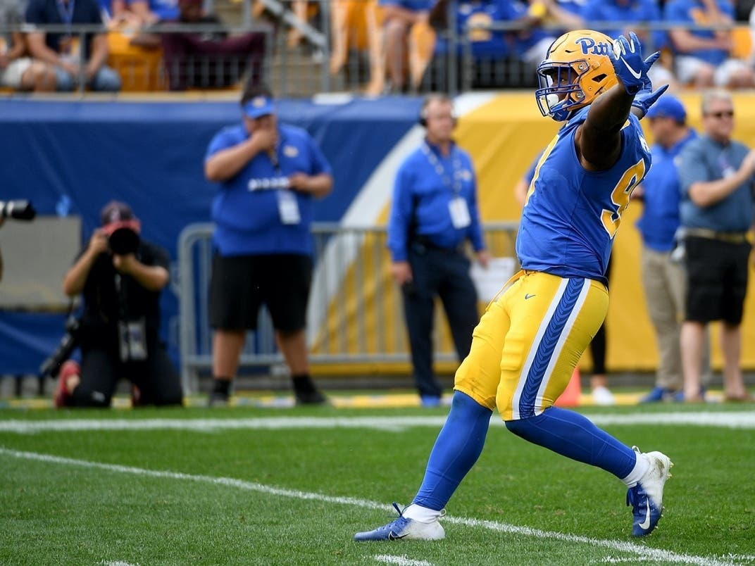 Jaylen Twyman #97 of the Pittsburgh Panthers reacts after a sack in the second half during the game against the Ohio Bobcats at Heinz Field on Sept. 7, 2019 in Pittsburgh.