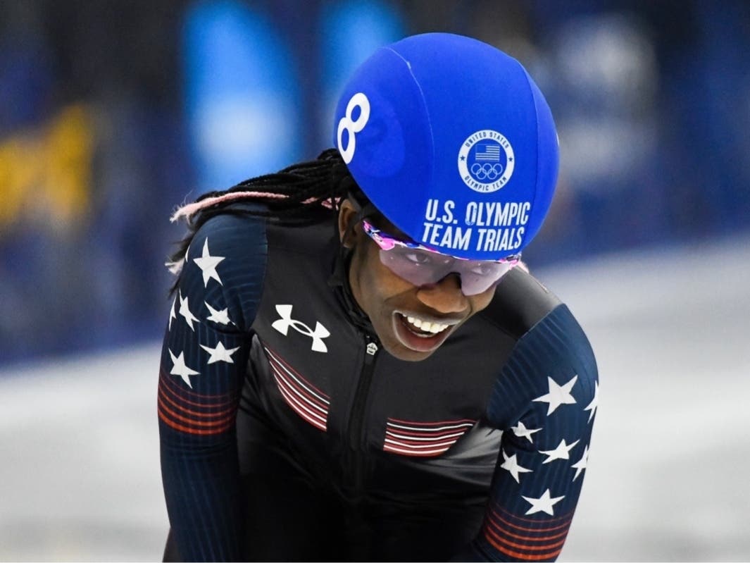 Maame Biney of Reston competes in the Women's 500 meter final on Day 3 of the US Short Track Speedskating Olympic Trials at Utah Olympic Oval on Dec. 19, 2021 in Kearns, Utah.