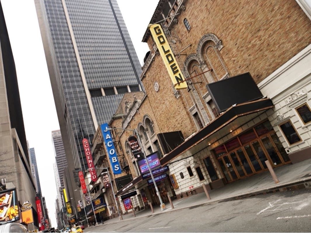 Broadway theaters on W. 44th Street near Times Square remain closed following restrictions imposed to slow the spread of coronavirus.
