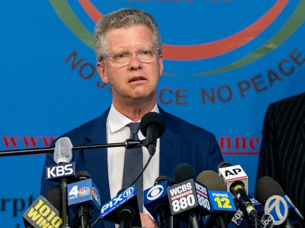 Mayoral candidate Shaun Donovan speaks during a press conference at the National Action Network's House of Justice to denounce the rise of attacks against Asian Americans on March 18. He was arrested Tuesday along with other protesters.