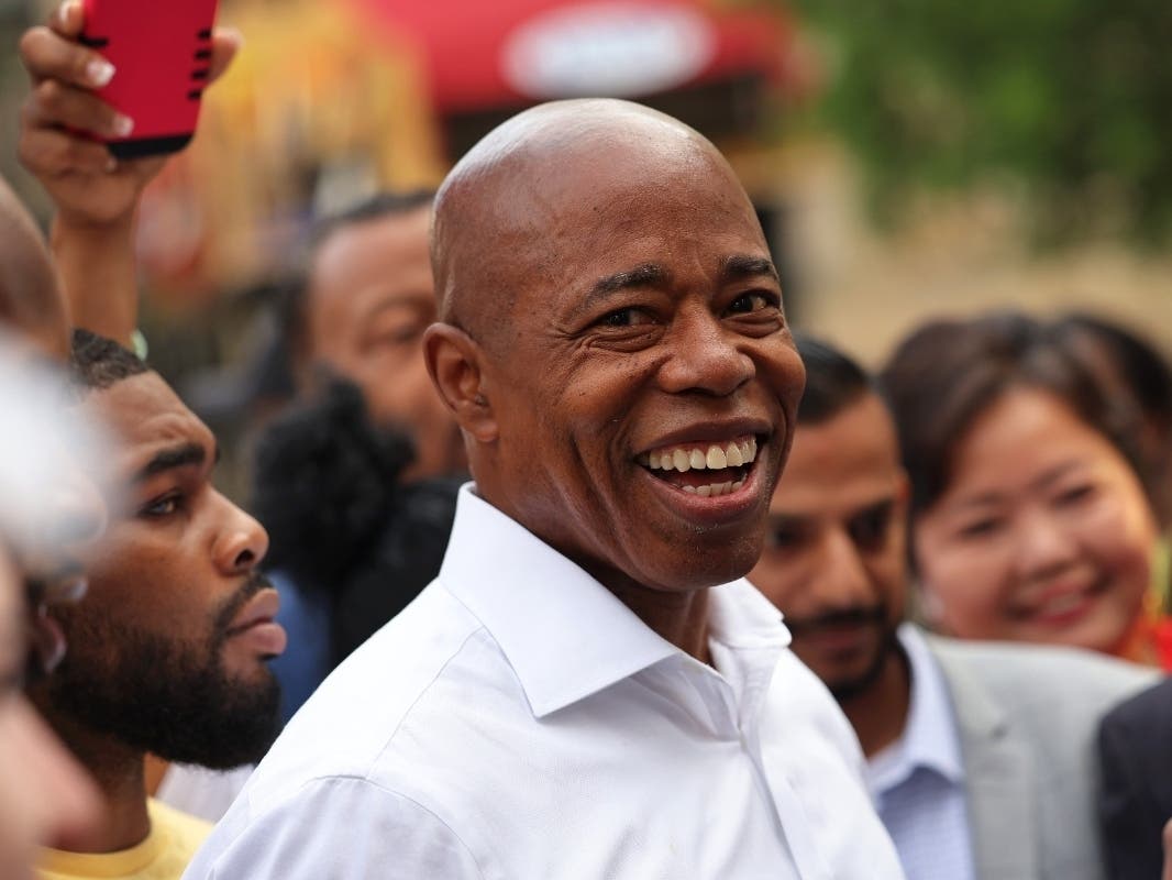 New York City mayoral candidate Eric Adams prepares to speak after voting during Primary Election Day at P.S. 81 in Bed-Stuy.