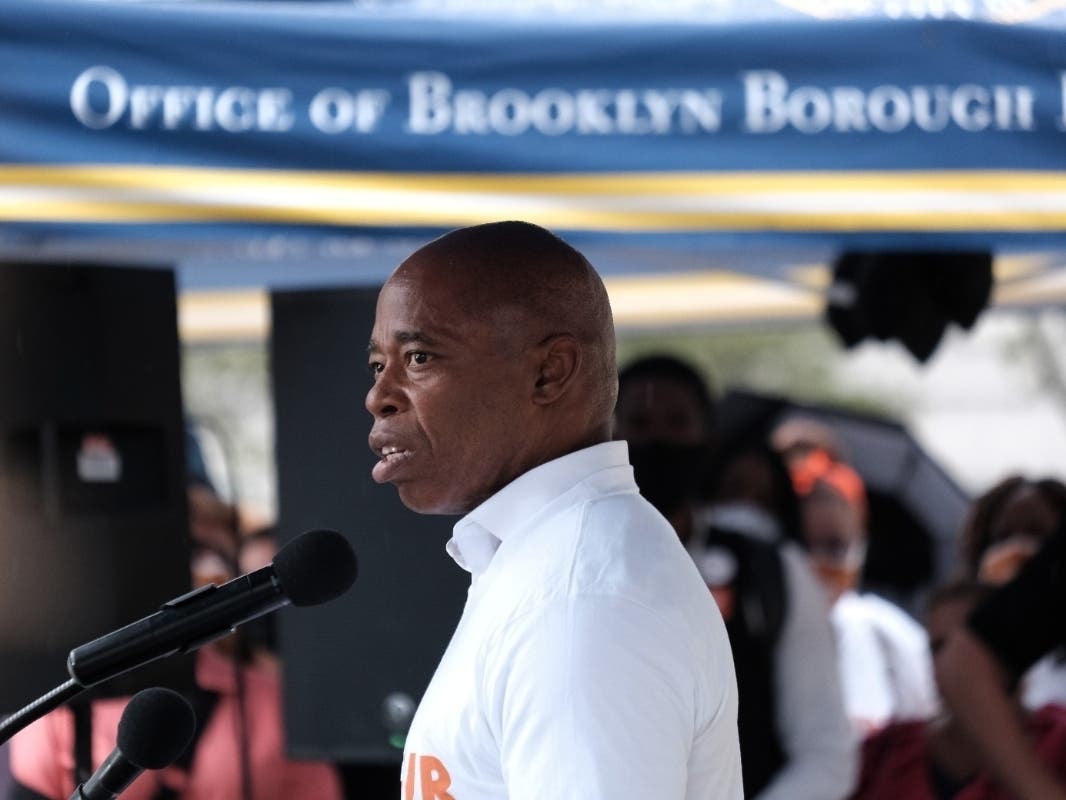 Democratic mayoral candidate Eric Adams joins other politicians and supporters of abortion rights at a rally to denounce recent restrictions on abortion in the state of Texas on Sept. 9.