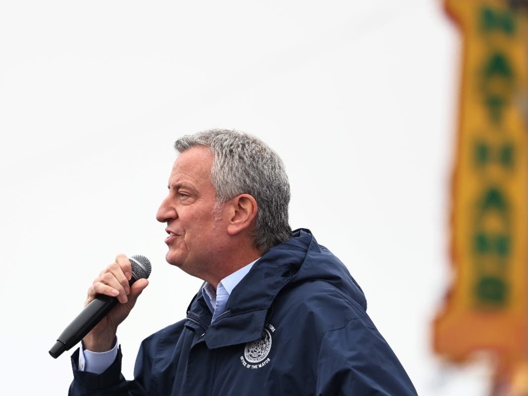 Mayor Bill de Blasio speaks during a Coney Island parks reopening event on April 9.