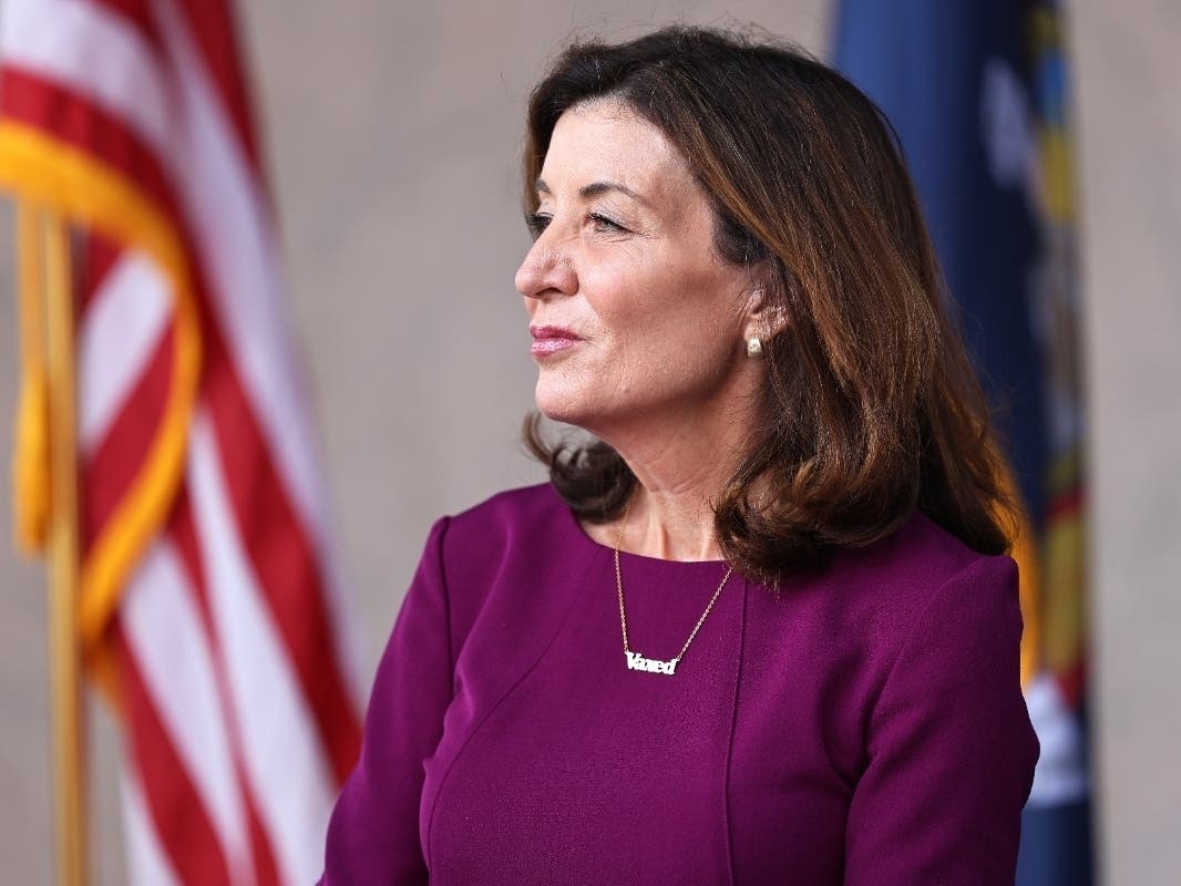 Gov. Kathy Hochul looks on as Rev. Al Sharpton, founder and President of National Action Network, speaks during a press conference announcing State Senator Brian Benjamin as her lieutenant governor on Aug. 26.