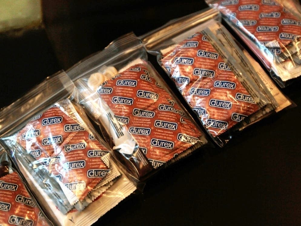 Wrapped packages of condoms and other safe-sex items are seen before a free clinic offering HIV testing Dec. 1, 2010 at Borough Hall in Brooklyn.