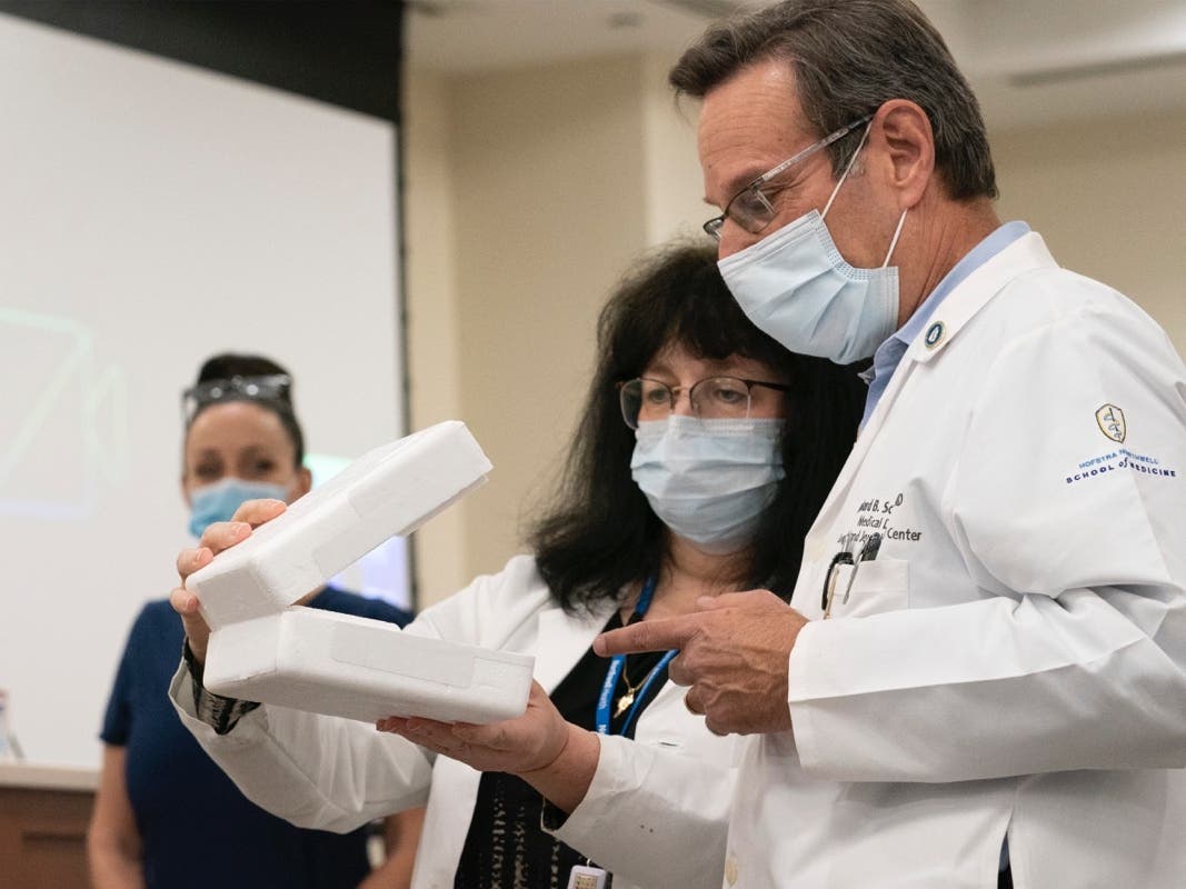 harmacy director Dana Rucco, center, shows medical director Richard Schwarz the container used to deliver the Pfizer-BioNTech COVID-19 vaccine on Monday at the Jewish Medical Center, in the Queens borough of New York City. 