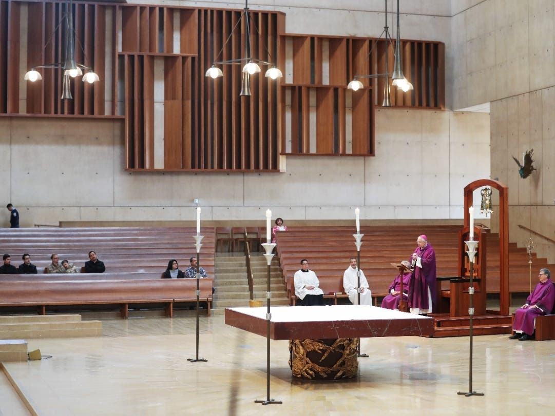 Archbishop Jose Gomez holds Mass in March at the Cathedral of Our Lady of the Angels