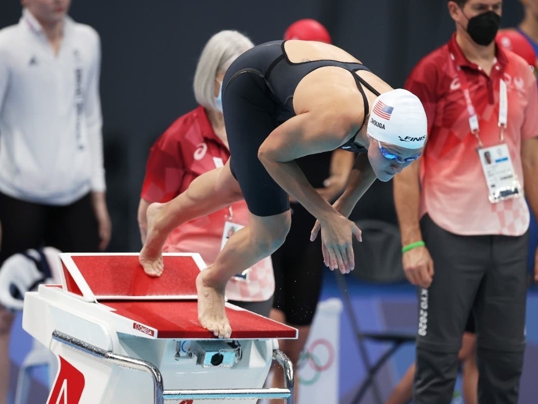 Glenview native Olivia Smoliga, 26, of Team United States competes in heat one of the Women's 400-meter Freestyle Relay Saturday at the Tokyo Aquatics Centre.