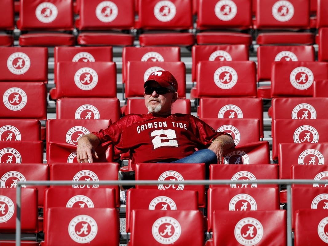A fan sits alone during the Southern Miss vs. Alabama football game in 2019