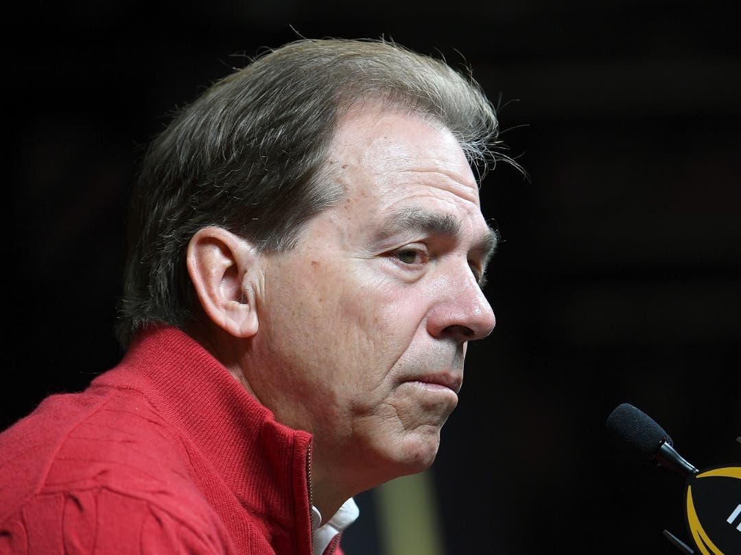  Head Coach Nick Saban of the Alabama Crimson Tide speaks to the media during the College Football Playoff National Championship Media Day at SAP Center on January 5, 2019 in San Jose, California. 