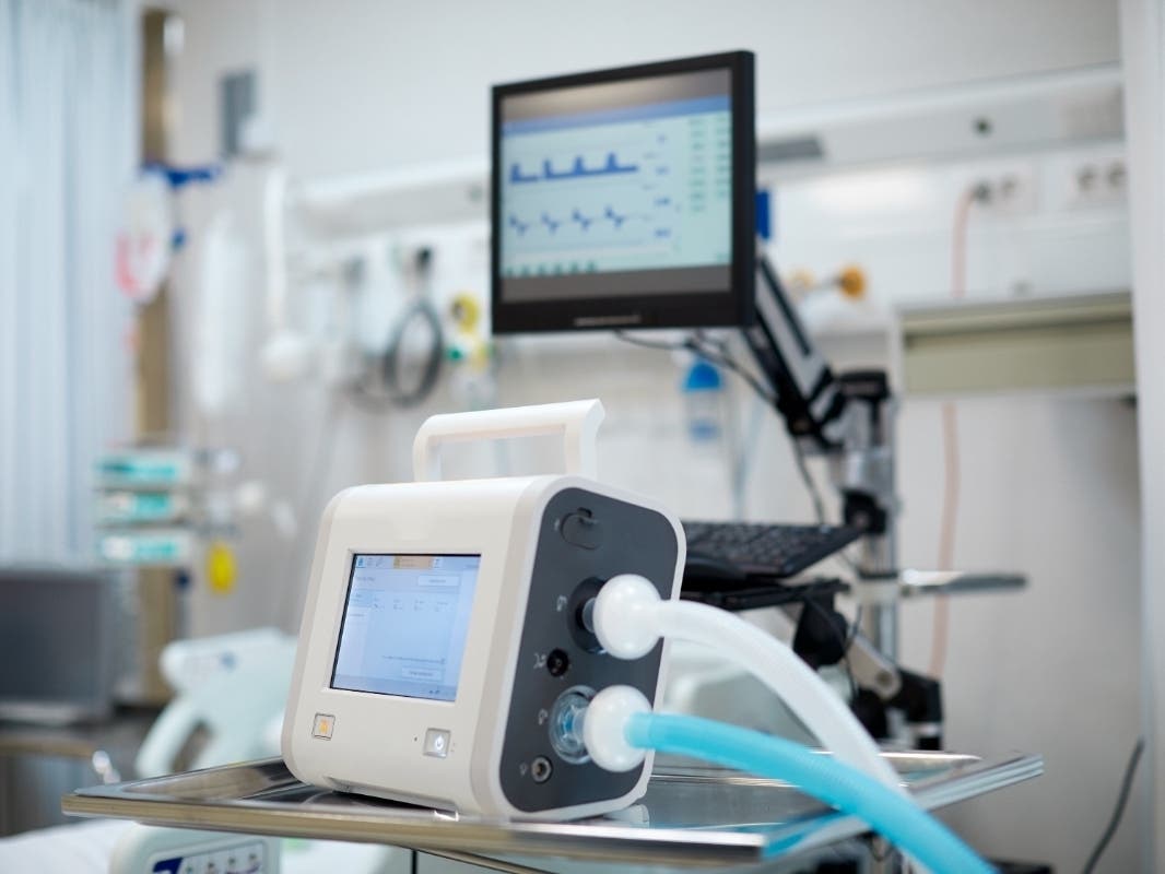 Close up view of a portable medical ventilator on a table