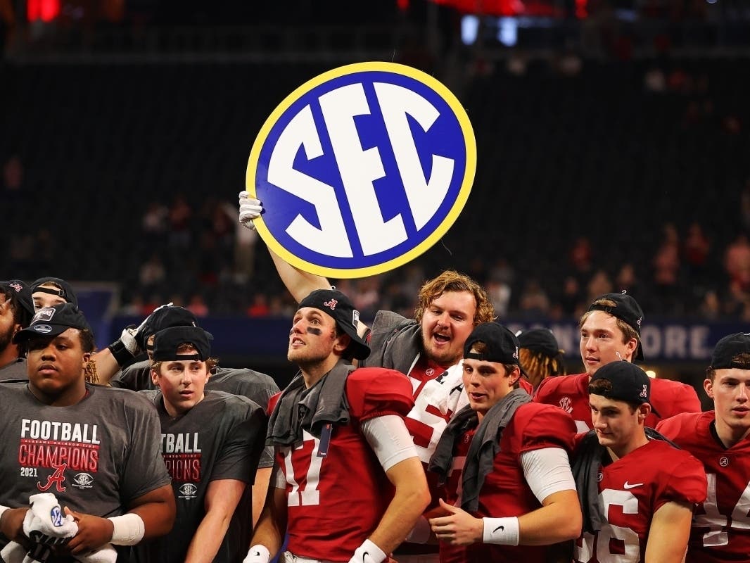 Alabama celebrates after a win in the 2021 SEC Championship Saturday