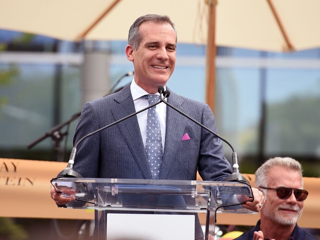 LOS ANGELES, CALIFORNIA - APRIL 07: Mayor of Los Angeles Eric Garcetti speaks onstage at the grand opening of the Los Angeles LGBT Center's Anita May Rosenstein Campus.