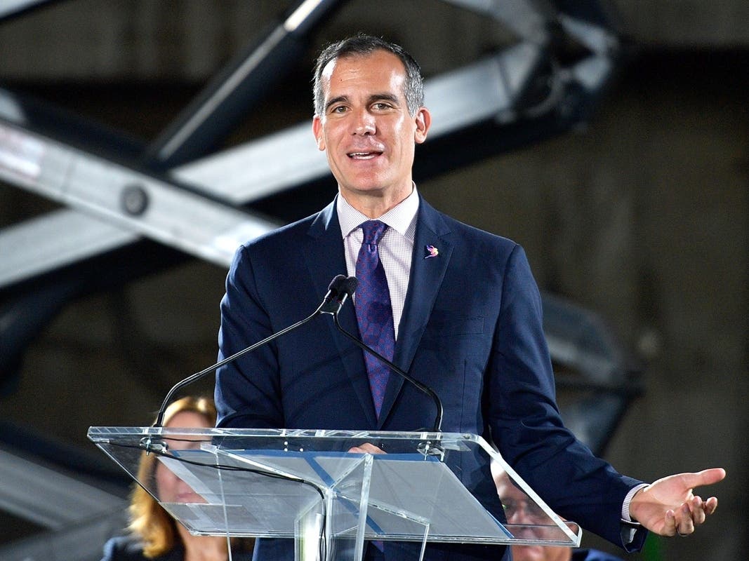 Mayor of Los Angeles Eric Garcetti speaks onstage during the Academy Museum of Motion Pictures press briefing and site tour at Academy Museum of Motion Pictures on September 27, 2017 in Los Angeles, California. 