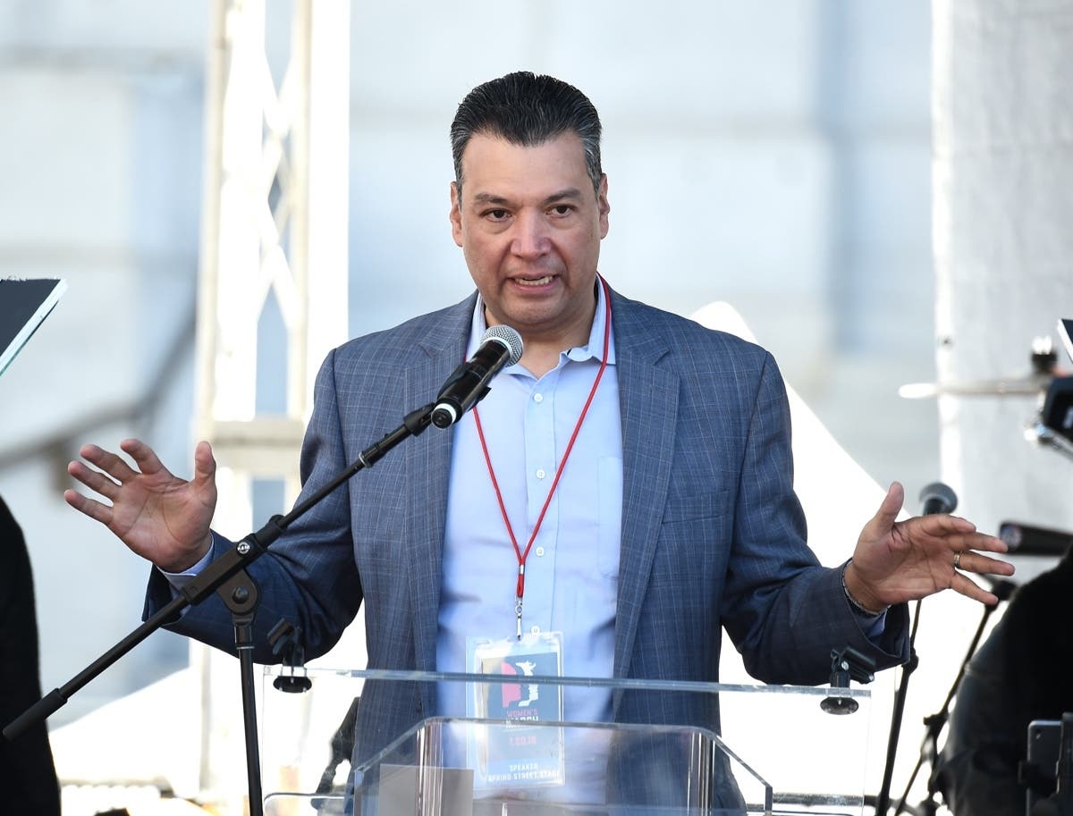LOS ANGELES, CA - JANUARY 20: Secretary of State of California Alex Padilla speaks onstage at 2018 Women's March Los Angeles at Pershing Square on January 20, 2018 in Los Angeles, California. 