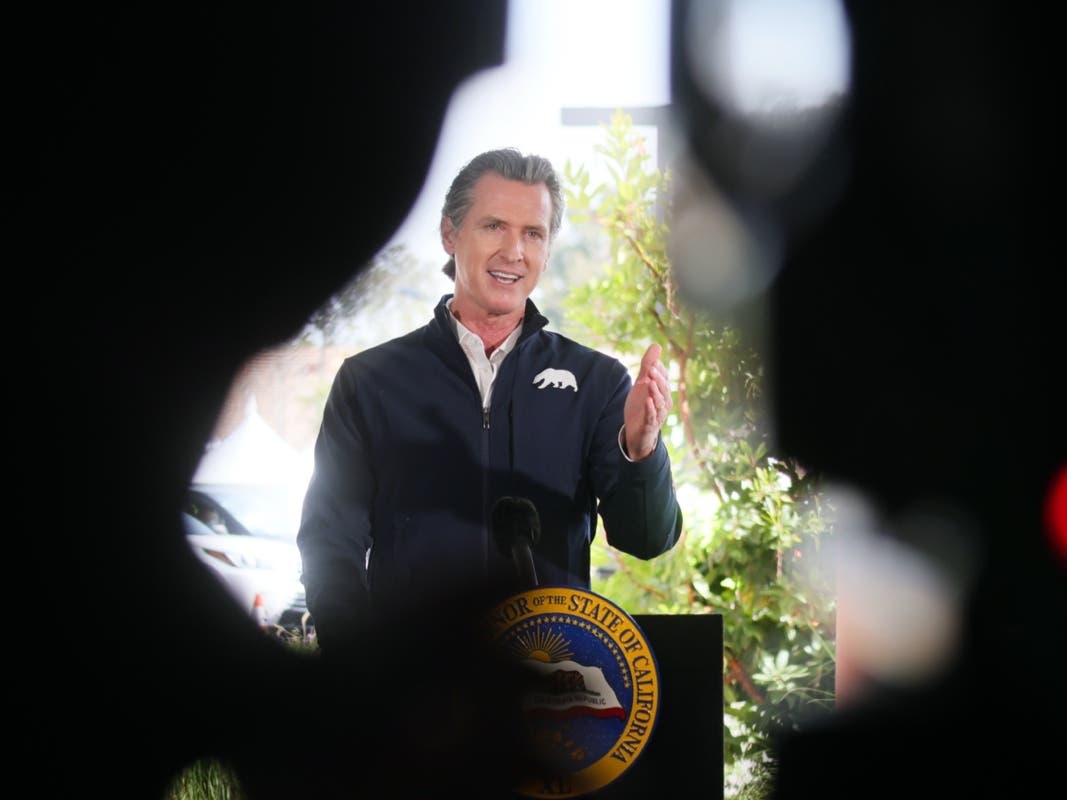 California Governor Gavin Newsom speaks at a press conference following the opening of a new large scale COVID-19 vaccination site at Cal State Los Angeles on February 16, 2021 in Los Angeles, California. 