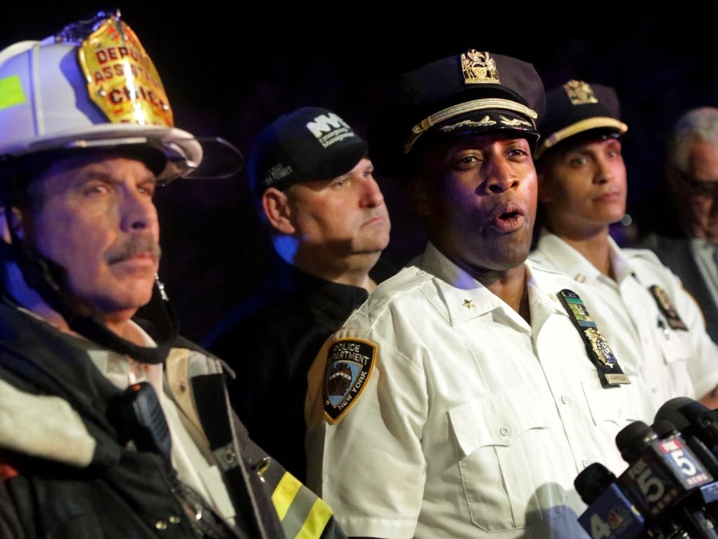 NYPD Deputy Chief Rodney Harrison speaks during a press conference near the 79th St. Boat Basin of the Hudson River, into which a vintage World War II plane crashed near New Jersey's Edgewater Marina, killing the pilot on May 27, 2016, in New York City.