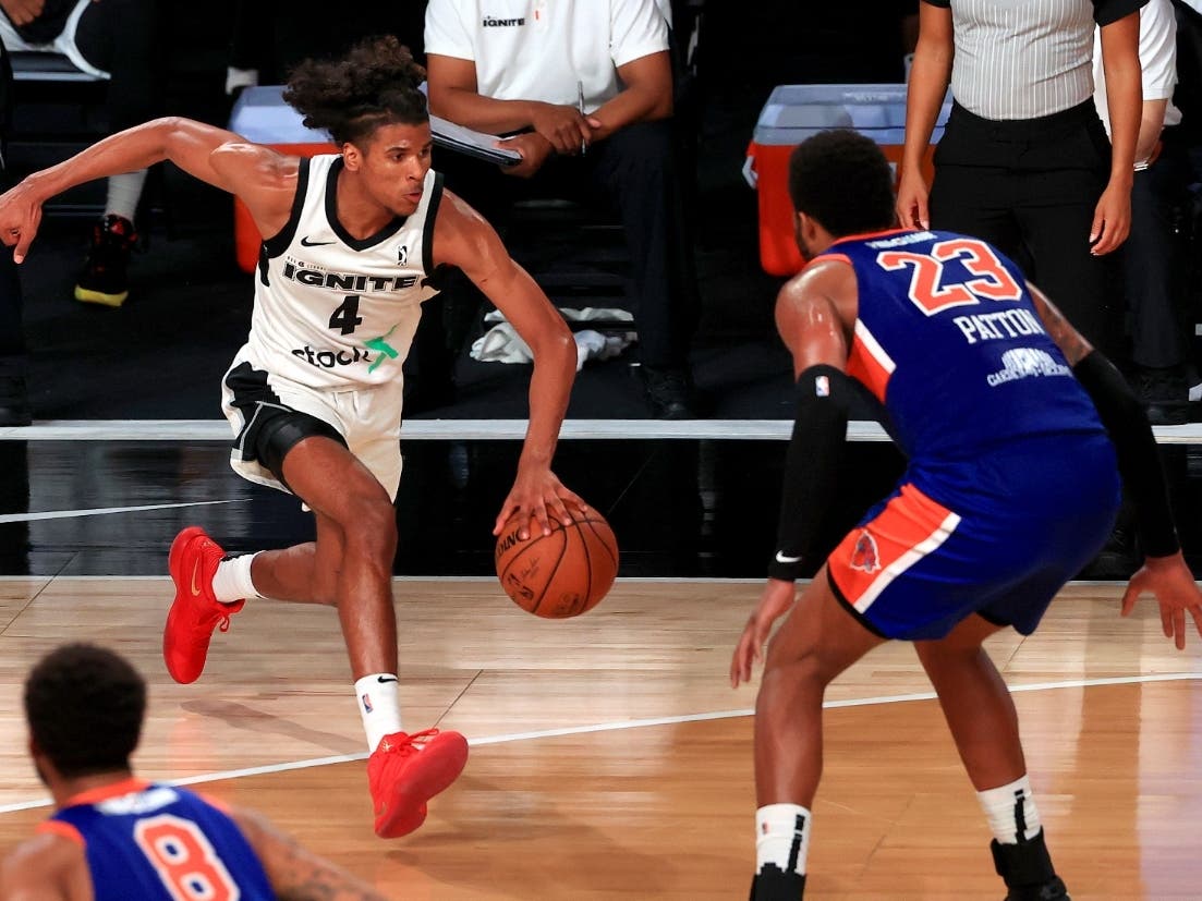 Jalen Green #4 of the G League Ignite drives to the basket during a G-League game against the Westchester Knicks at AdventHealth Arena at ESPN Wide World Of Sports Complex on February 18, 2021, in Lake Buena Vista, Florida. 