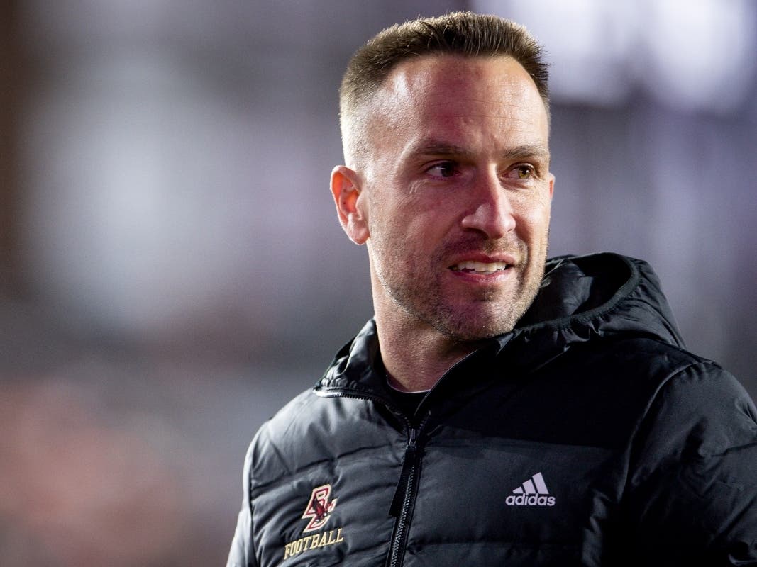 Boston College head football coach Jeff Hafley reacts as he walks off the field against the Virginia Tech Hokies at Alumni Stadium on Nov. 5 in Chestnut Hill, Massachusetts. The Eagles' season is over after the Military Bowl was canceled.