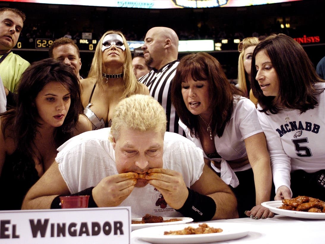 Bill "El Wingador" Simmons is cheered on during Wing Bowl 13 at the Wachovia Center February 4, 2005 in Philadelphia, Pennsylvania.