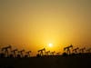 Oil pumps in the Empty Quarter Desert, Dubai, at sunset. 