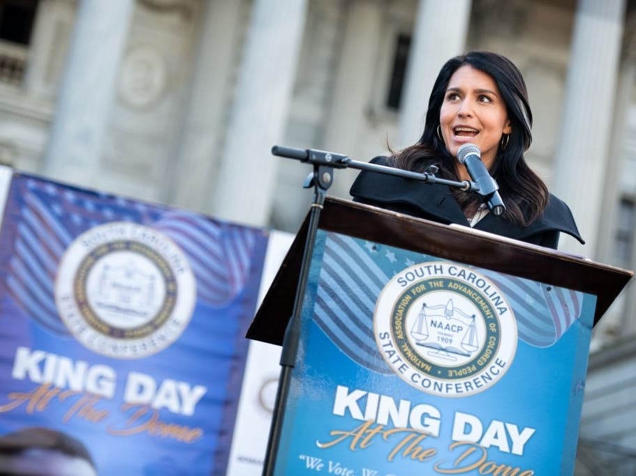 Rep. Tulsi Gabbard (D-HI) addresses a crowd during the King Day celebration Monday at the Dome March and Rally in Columbia, South Carolina. 
