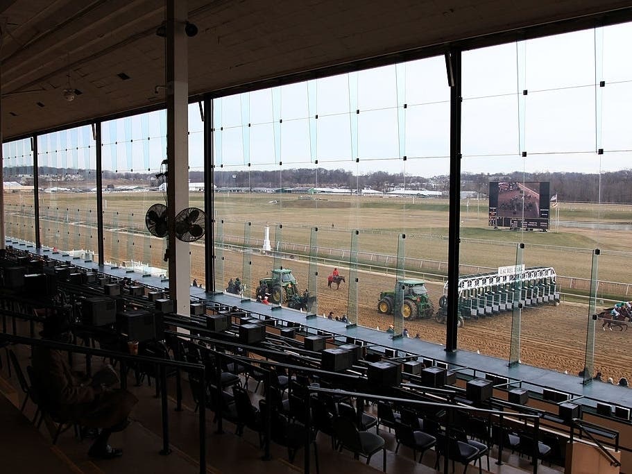 Horses break from the starting gate at Laurel Park.