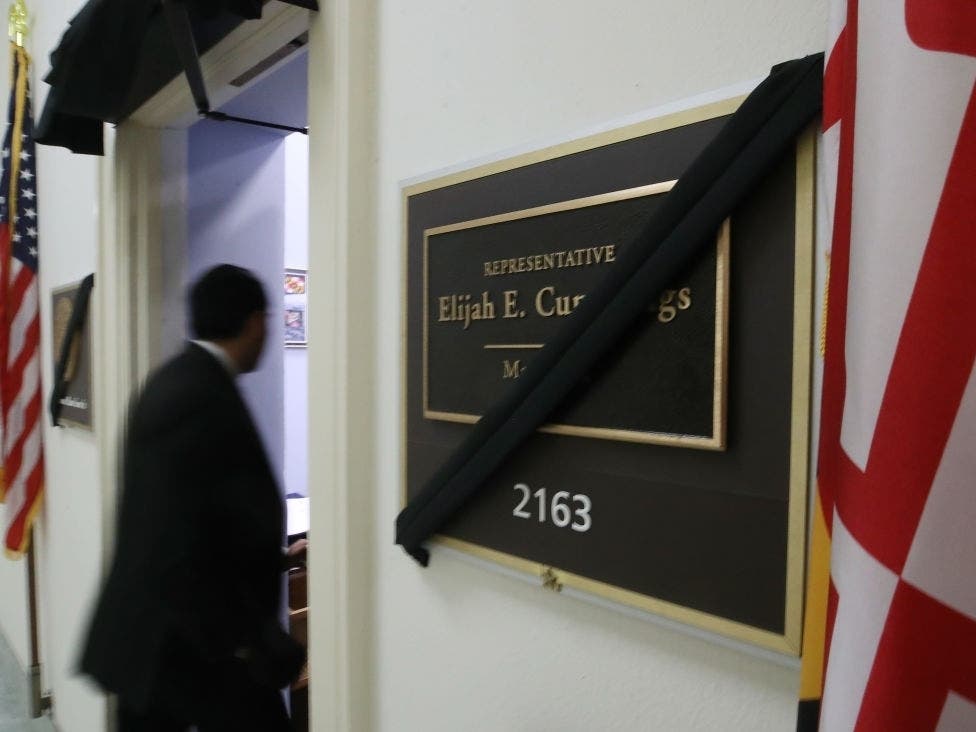The office of Congressman Elijah Cummings in Washington, D.C., was draped with bunting. His district included Baltimore City, Baltimore County and Howard County.