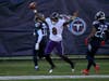 Quarterback Lamar Jackson celebrates following a 48-yard touchdown run during the second quarter against the Tennessee Titans.