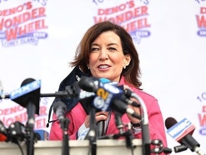 NY Lieutenant Governor Kathy Hochul speaks during a Coney Island parks reopening event in the Coney Island neighborhood of Brooklyn borough on April 09, 2021, in New York City.