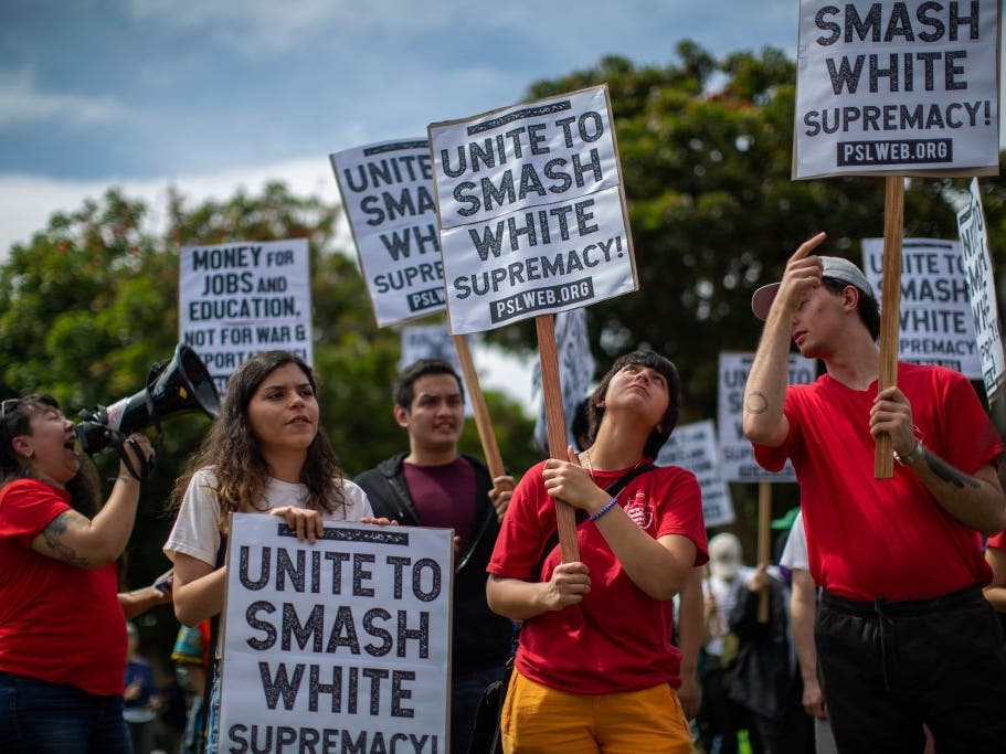 Counter-demonstrators rally to oppose an anticipated white-nationalist rally in 2019 in Long Beach, California. The nationalists reportedly had tied to white-nationalists that had been associated with the deadly Unite the Right rally in Virginia.