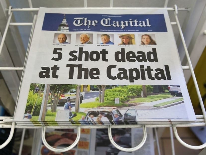 The edition of the Capital Gazette for sale on a newspaper stand one day after the 2018 slayings of five people in the Annapolis office. Gunman Jarrod Ramos of Laurel admitted shooting the victims, but has pleaded not criminally responsible.