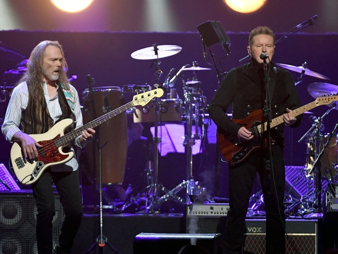 Timothy B. Schmit (L) and Don Henley of the Eagles perform at MGM Grand Garden Arena on September 27, 2019 in Las Vegas, Nevada. 