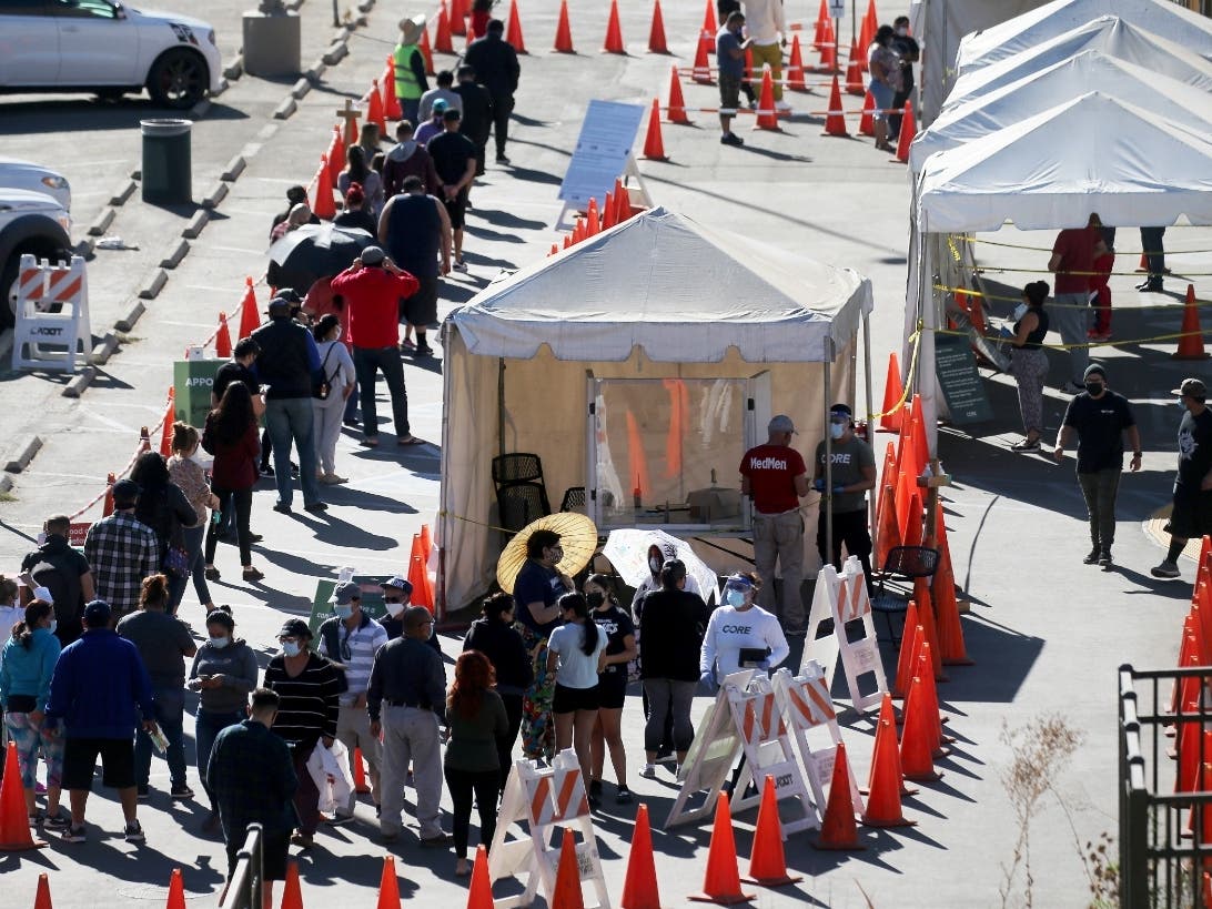 : People wait in line for COVID-19 testing at Lincoln Park on the Monday after Thanksgiving weekend on November 30, 2020 in Los Angeles, California. 