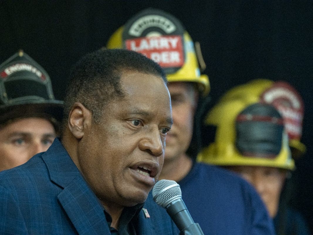 Republican recall candidate Larry Elder speaks during a campaign stop with firefighters from various locations in his attempt to unseat Gov. Gavin Newsom in the upcoming gubernatorial recall election on September 9, 2021, in Glendale, California.