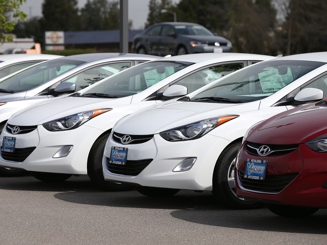 Brand new Hyundai Elantras are displayed on the sales lot at Petaluma Hyundai on April 3, 2013, in Petaluma, California.