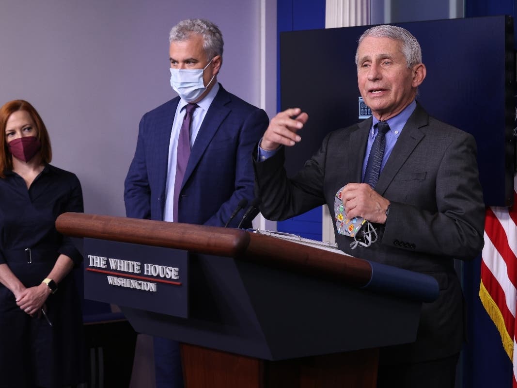 (L-R) White House Press Secretary Jen Psaki, COVID-19 Response Coordinator Jeff Zients and Director of the National Institute of Allergy and Infectious Diseases Dr. Anthony Fauci brief reporters Tuesday about the pause on the Johnson & Johnson vaccine.